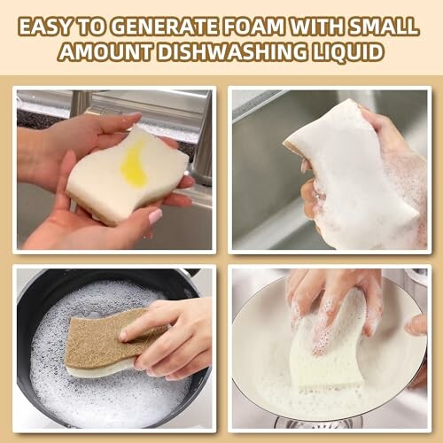 Four images showing a sponge generating foam with dishwashing liquid.