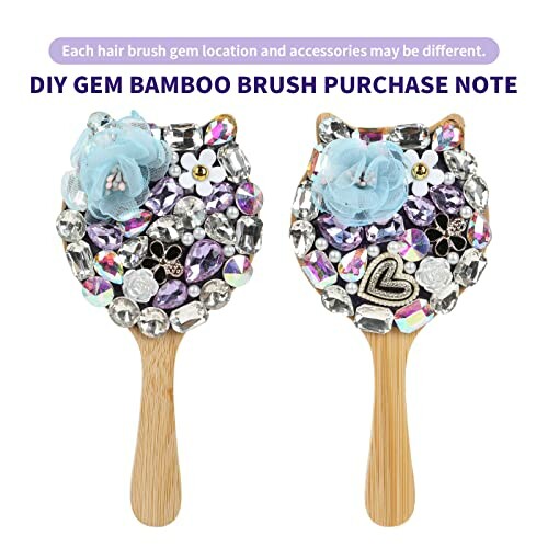 Decorative bamboo hairbrush with colorful gems and flowers