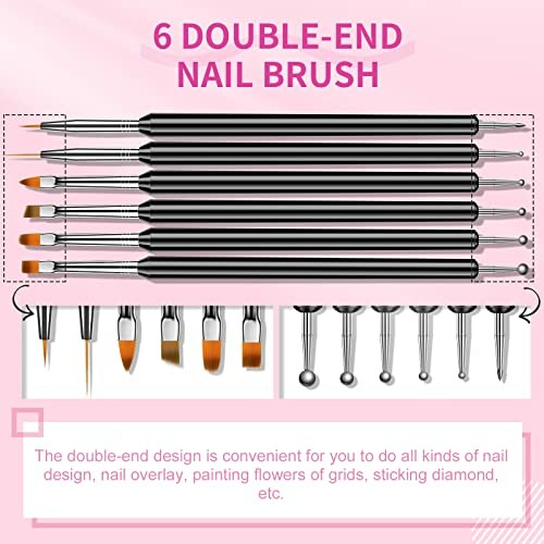 Set of 6 double-end nail brushes with various tips for nail design.