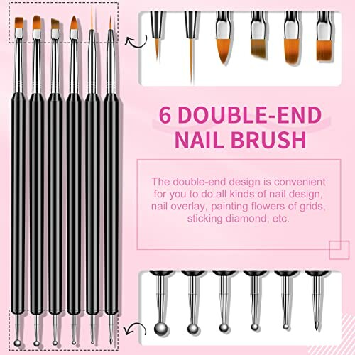 Set of six double-end nail brushes on pink background.