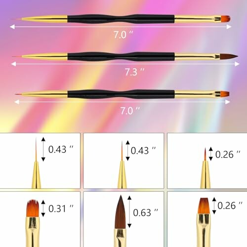 Double-ended paint brushes with measurements on colorful background