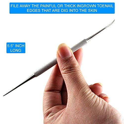 Hand holding double-ended toenail file tool for ingrown nails.