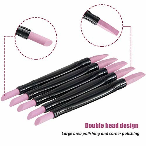 Double-headed pink nail polishing tools with black handles for large area and corner polishing.