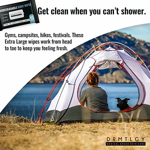 Person and dog sitting in a tent with DRMTLGY body wipes advertisement.