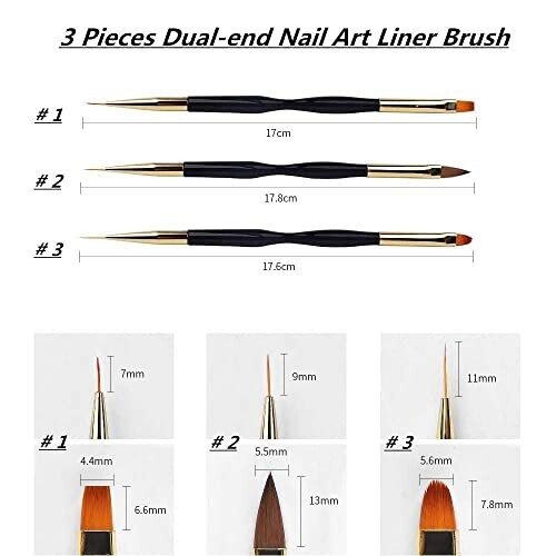 Three dual-end nail art liner brushes with measurements.