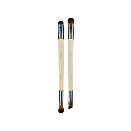 Two dual-ended makeup brushes with wooden handles.