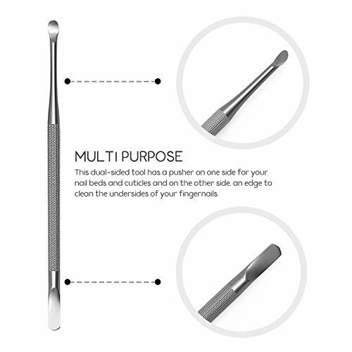 Dual-sided nail tool with pusher and cleaning edge.