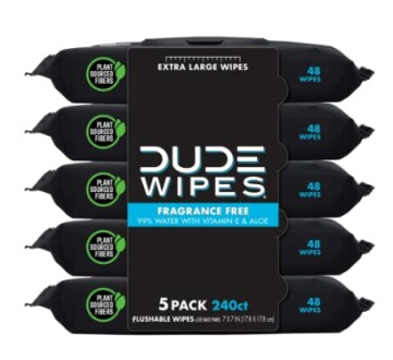 5 pack of Dude Wipes, fragrance-free, plant-sourced fibers.