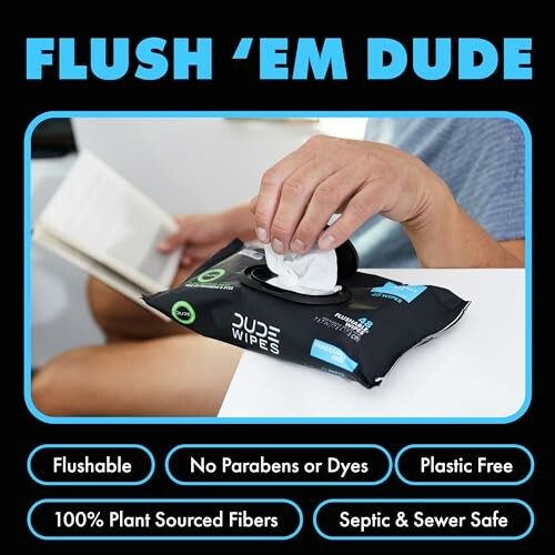 Man using Dude Wipes with product benefits listed.