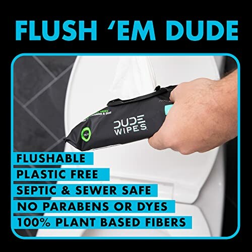 Hand holding Dude Wipes over toilet with product features listed.