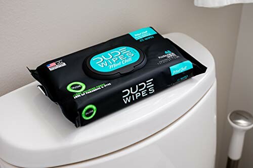 Pack of Dude Wipes on a toilet lid