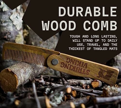 Durable wood comb with striking Viking design, suitable for daily use and travel.