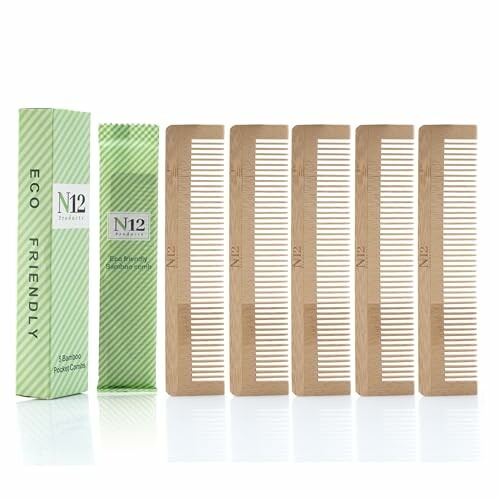 Set of six eco-friendly bamboo combs with packaging