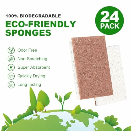 24 pack of eco-friendly biodegradable sponges with features listed.