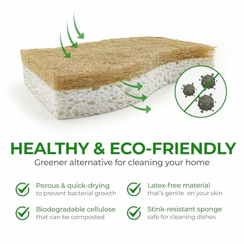 Healthy and eco-friendly cleaning sponge with benefits listed.