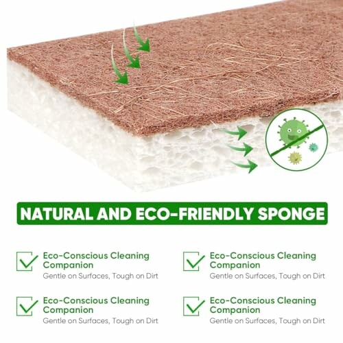 Natural and eco-friendly sponge with green checkmarks and text emphasizing gentle on surfaces, tough on dirt.