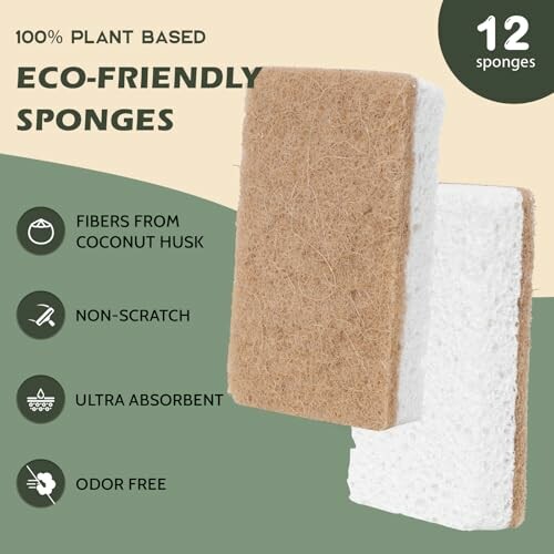 Eco-friendly sponges made from coconut husk, non-scratch, ultra absorbent, odor-free, pack of 12.