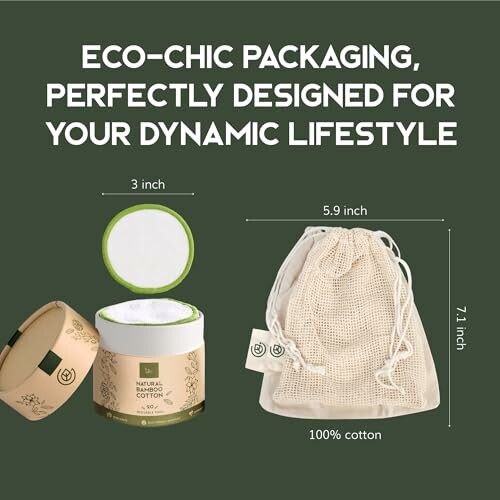 Eco-friendly cotton packaging with round container and drawstring bag.