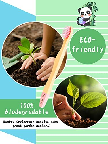 Eco-friendly bamboo toothbrush used as garden marker with plants.