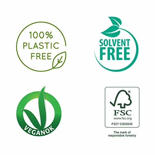 Eco-friendly labels including 100% plastic free, solvent free, vegan OK, and FSC certification.