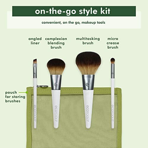 EcoTools on-the-go style kit with four makeup brushes and storage pouch.