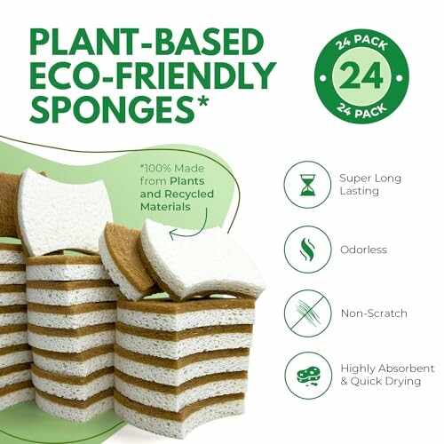 Image of plant-based eco-friendly sponges with features listed.