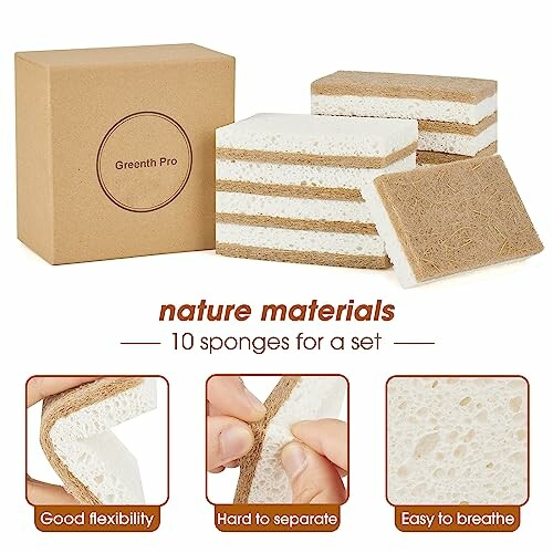 Set of 10 eco-friendly sponges with natural materials and cardboard packaging.