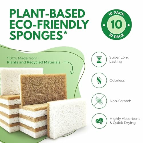 Plant-based eco-friendly sponges with features like long-lasting, odorless, non-scratch, and highly absorbent.