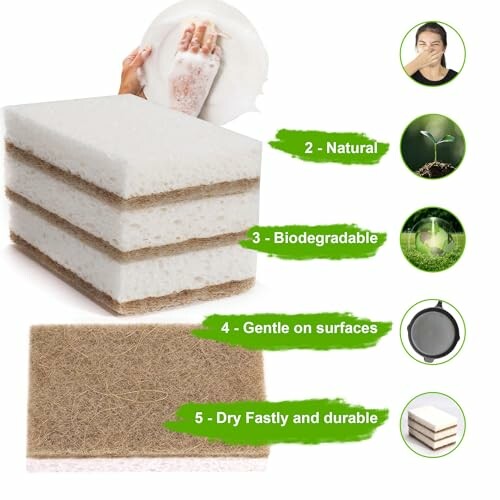 Stack of eco-friendly biodegradable sponges with natural fibers.