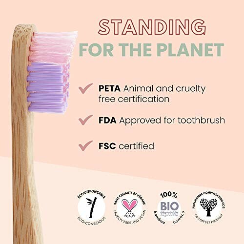 Eco-friendly toothbrush with PETA, FDA, and FSC certifications.