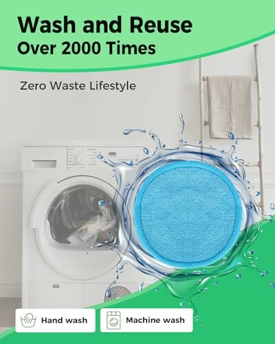 Reusable pad in front of washing machine promoting zero waste lifestyle.