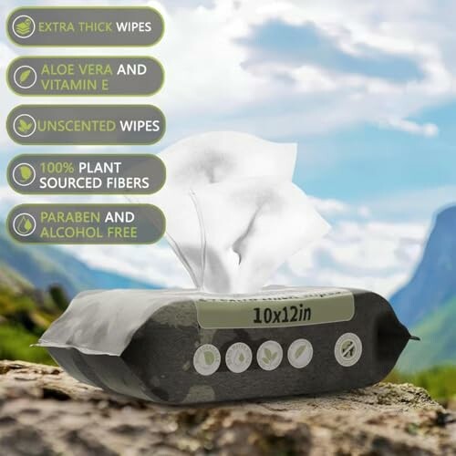 Package of eco-friendly wet wipes on a scenic mountain background.