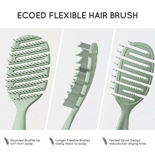 Eco-friendly flexible hair brush with rounded bristles, flexible length, and vented design.