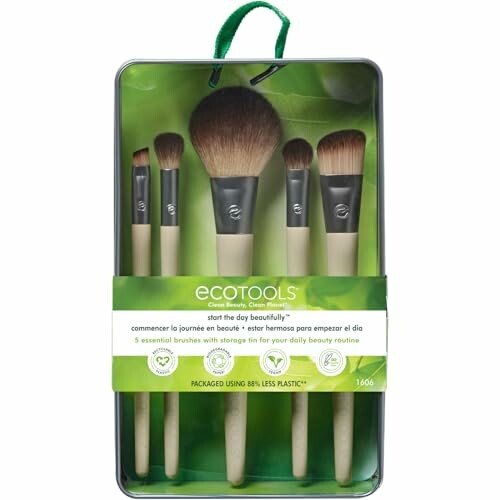 EcoTools makeup brush set with 5 brushes in packaging.