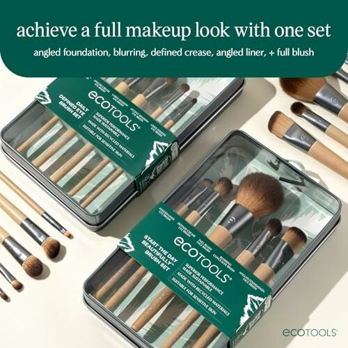 EcoTools makeup brush set with various brushes in a green and white packaging.