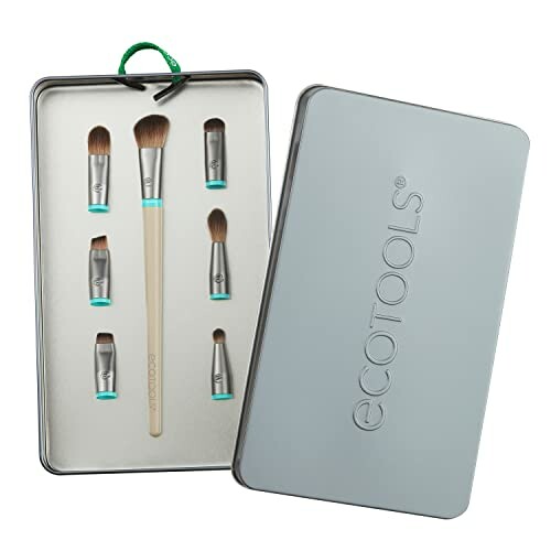 EcoTools makeup brush set in a metal case.