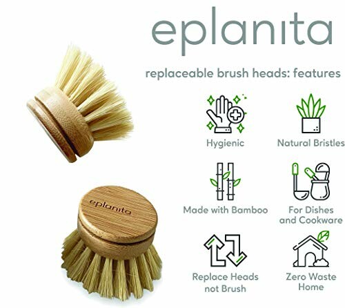 Eplanita bamboo replaceable brush heads with features: hygienic, natural bristles, made with bamboo, for dishes and cookware, replace heads not brush, zero waste home.