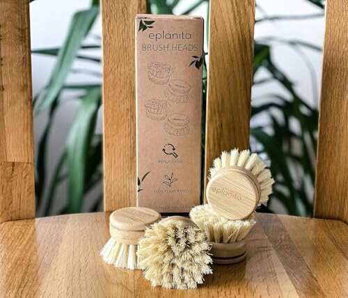 Eplanita brush heads on a wooden table with plant in background