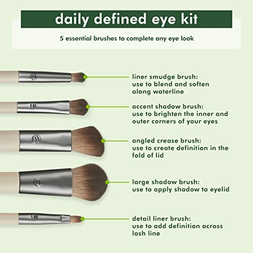 Daily defined eye kit with 5 essential makeup brushes and descriptions.