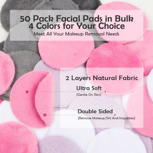 50 pack facial pads in four colors with features highlighted