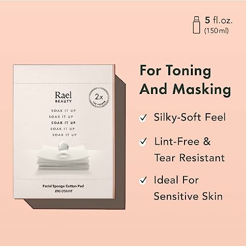 Facial sponge cotton pads packaging with features listed.