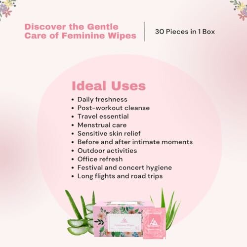 Feminine wipes packaging and list of ideal uses.