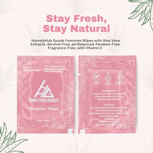 Feminine wipes packaging with product details and ingredients.