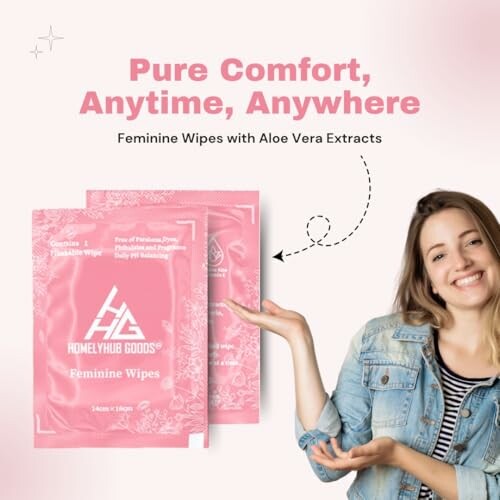 Woman promoting Homely Hub Goods feminine wipes with aloe vera.