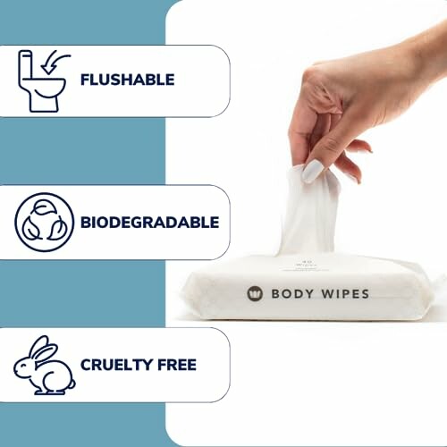 Hand pulling a body wipe from a package labeled flushable, biodegradable, and cruelty-free.