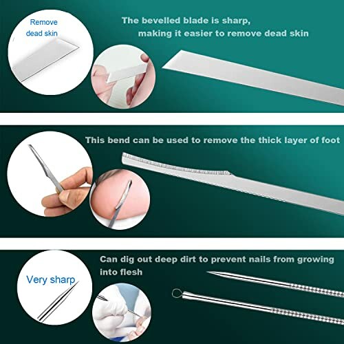 Foot care tool set with sharp blade for removing dead skin and nail care.