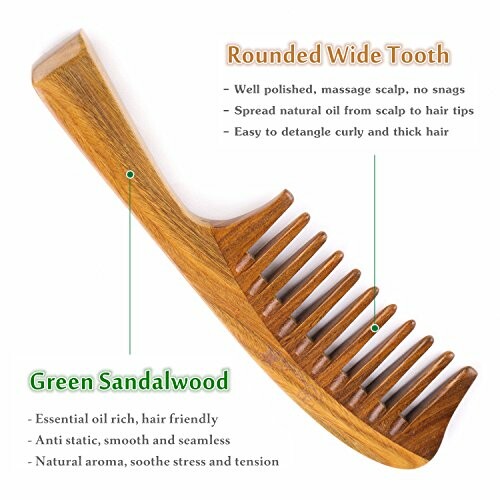 Green sandalwood comb with rounded wide tooth for detangling hair.