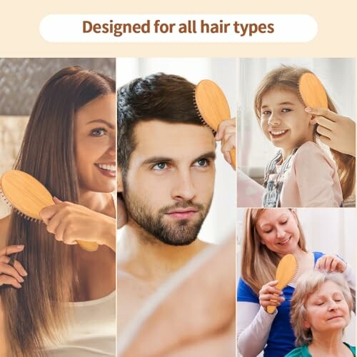 Collage of diverse people using a wooden hairbrush