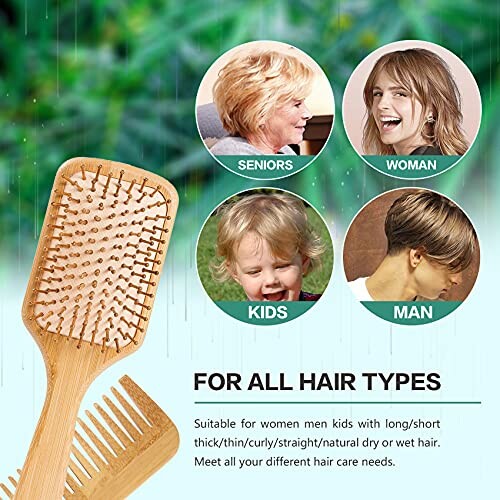 Hair brush and comb for all hair types with images of seniors, woman, kids, and man.