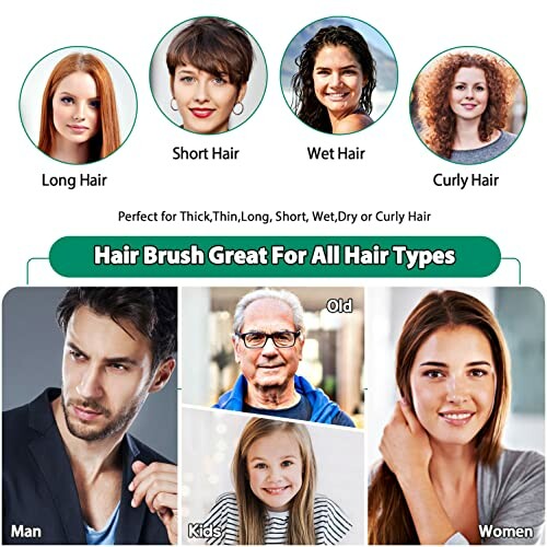 Image showing different hairstyles and people, highlighting a hair brush suitable for all hair types.